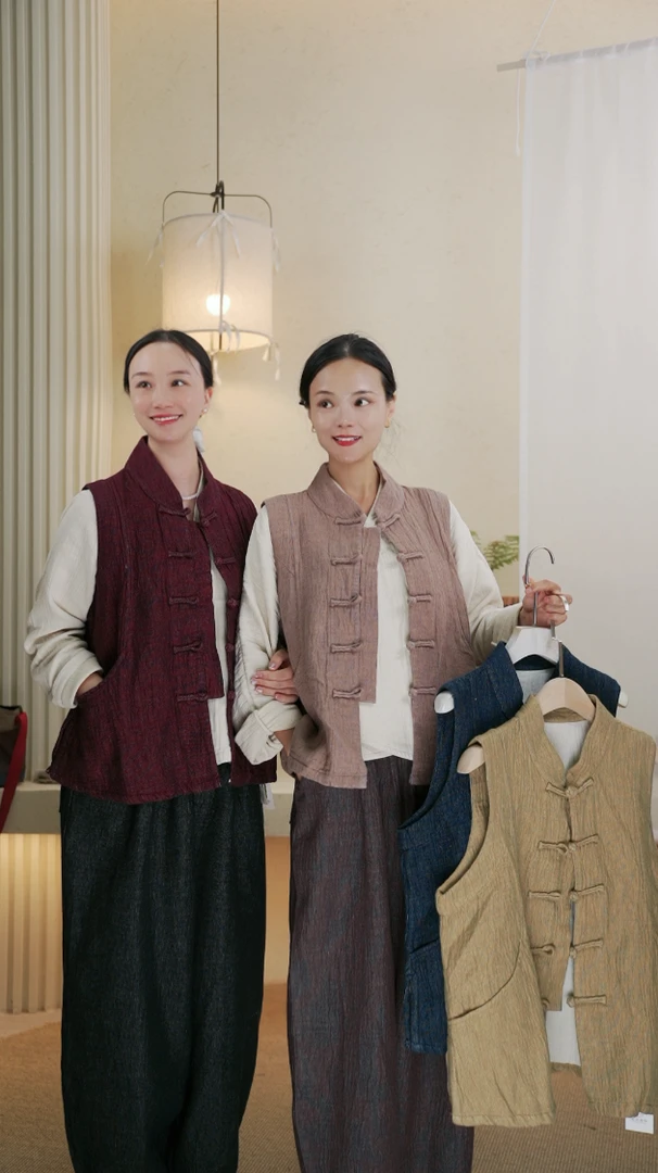 七初棉麻布衣  秋冬法国双色织亚麻对襟马甲（满天星系列）