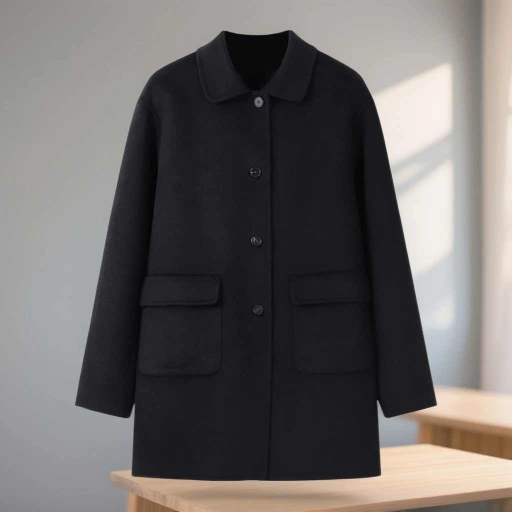 依薇欧大码女装秋季外套时尚遮肉显瘦黑色轻奢双面羊毛大衣MN2222