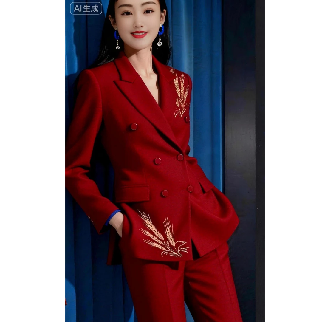 金麦穗刺绣中国风西装红色秋冬长袖套装秋季轻奢气质