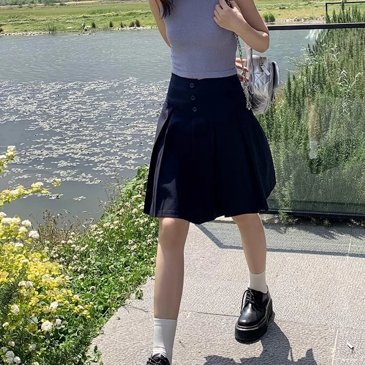 学院风单排扣设计感夏季外穿百褶裙女气质高腰显瘦a字半身裙中裙