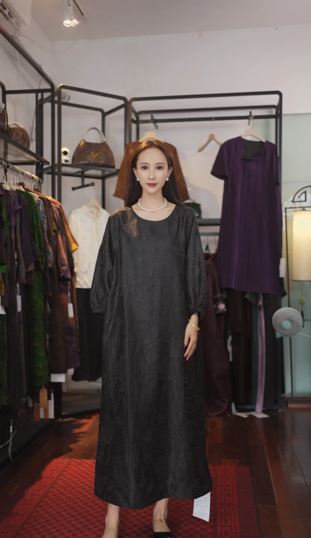 【大花禅意袍】翻领宽松腰中长款气质显瘦圆领139-81061大花禅意袍