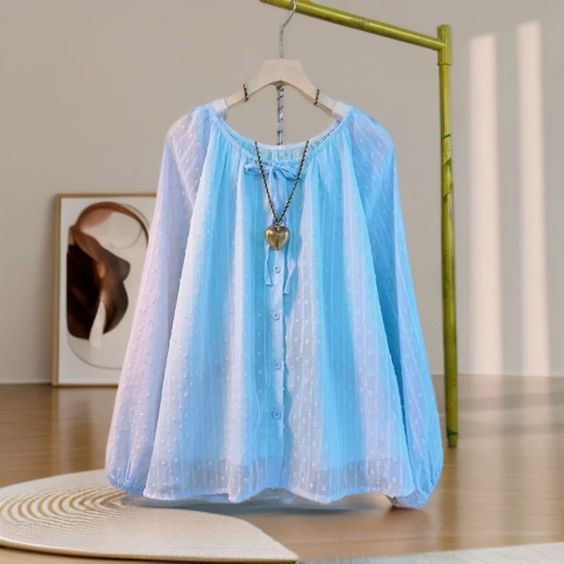 夏季大码胖mm气质圆领重工刺绣雪花点雪纺防晒衫（加衬）