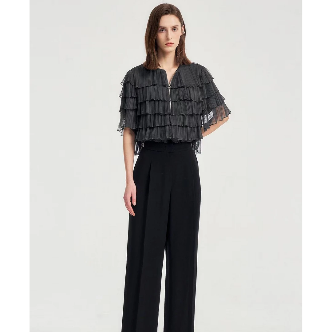 OB**ZEE压褶黑色衬衫衬衣女夏季新款圆领时尚百搭气质