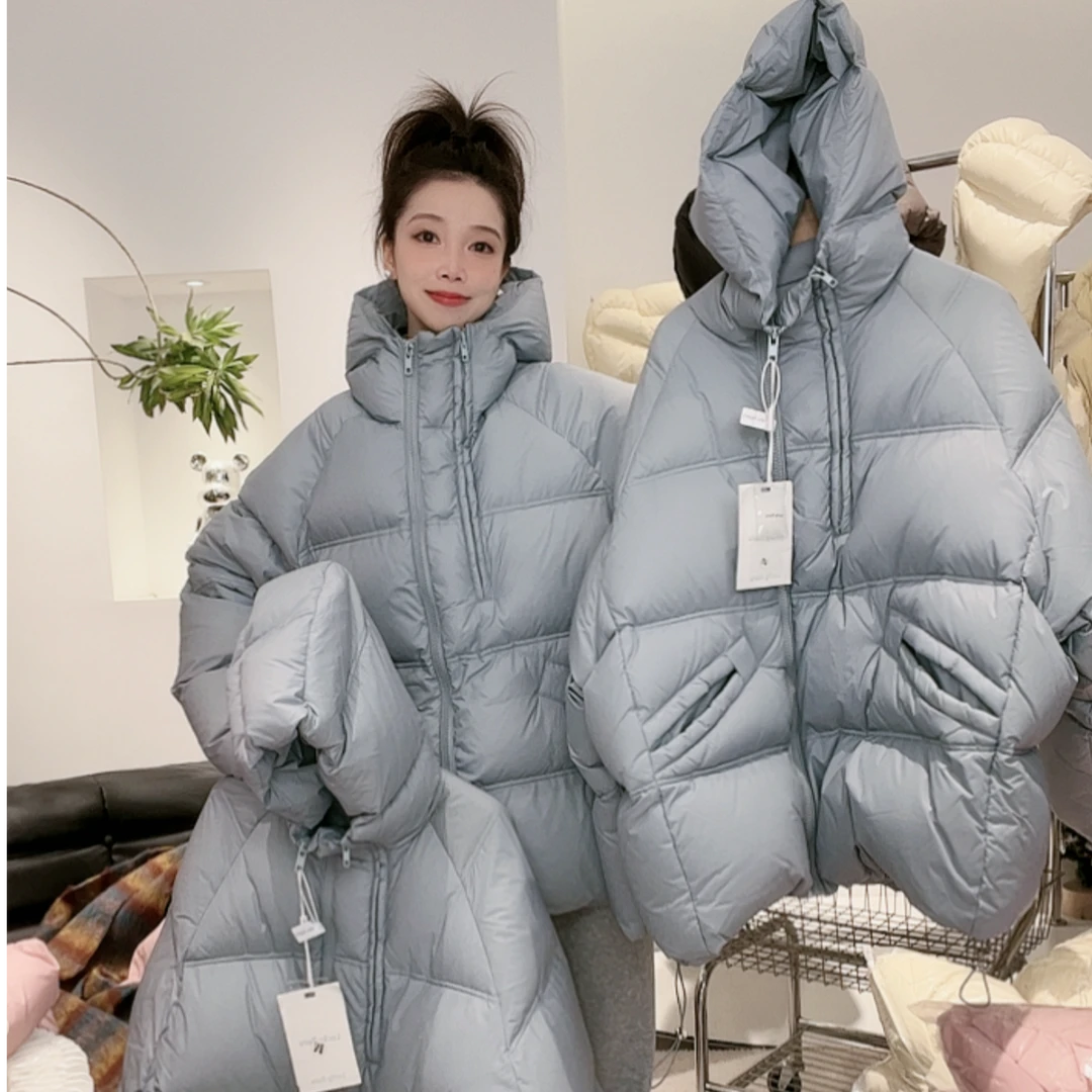 双拉链连帽加厚羽绒服女中长款2024年冬季休闲面包白鸭绒外套