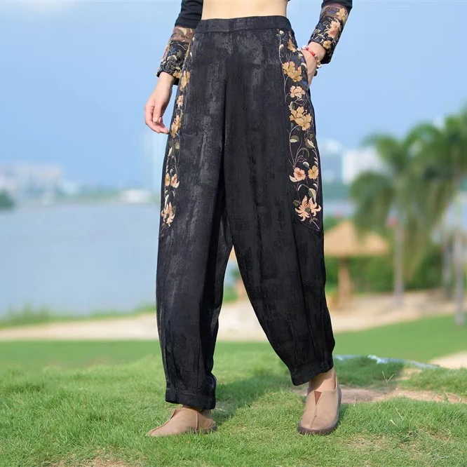 老爹裤春季民族风黑色提花绸缎垂感小个子哈伦裤宽松显瘦休闲裤女