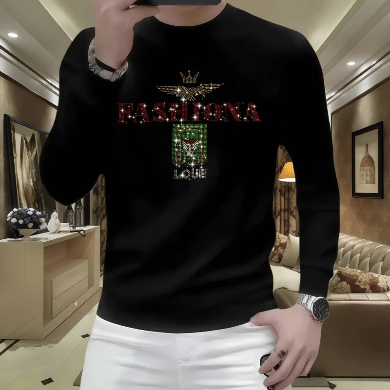 欧洲站男士新款烫钻长时尚休闲百搭潮流修身圆领秋冬套头帅气卫衣