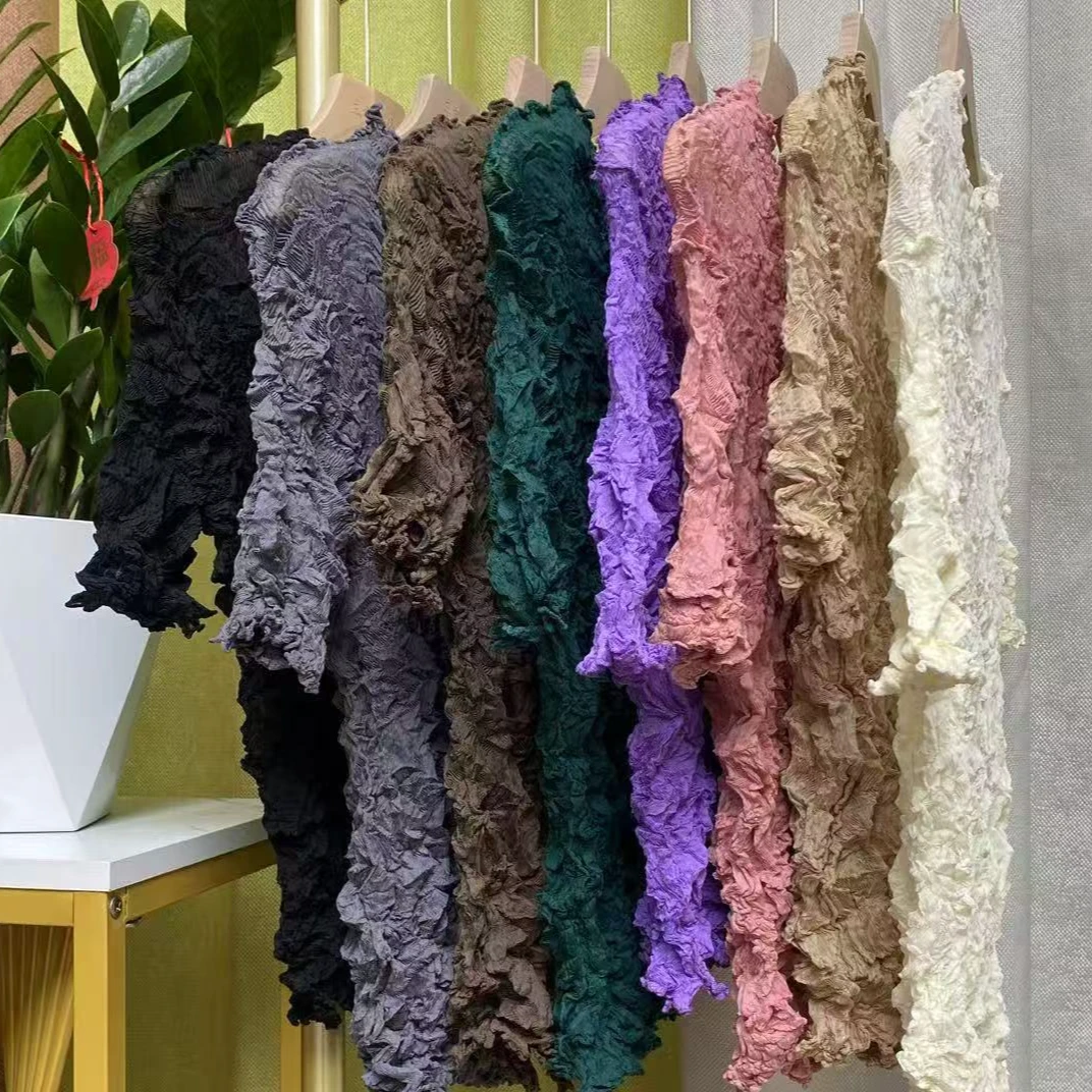 三宅褶皱日式风半高领重工新款褶皱女装T恤修身显瘦弹力打底