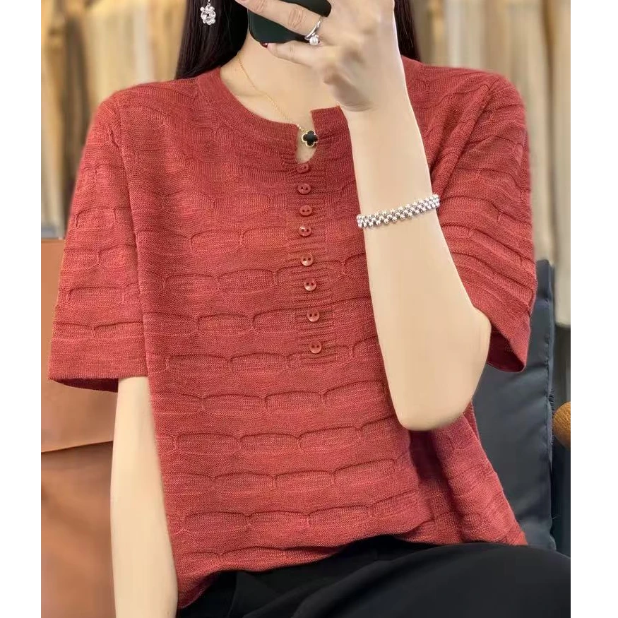 竹节麻圆领凉快短袖女纽扣百搭款