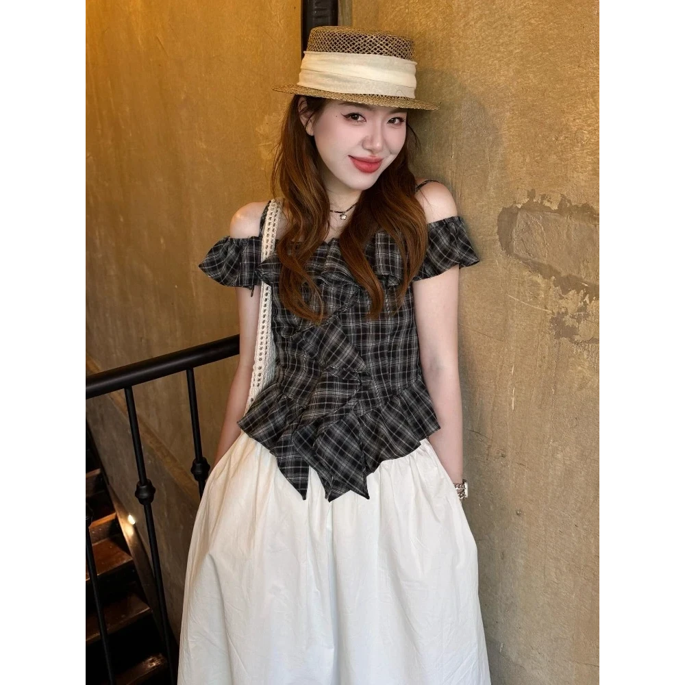 2025年夏季新款时尚复古格纹荷叶边衬衫休闲简约纯色半身裙长裙女
