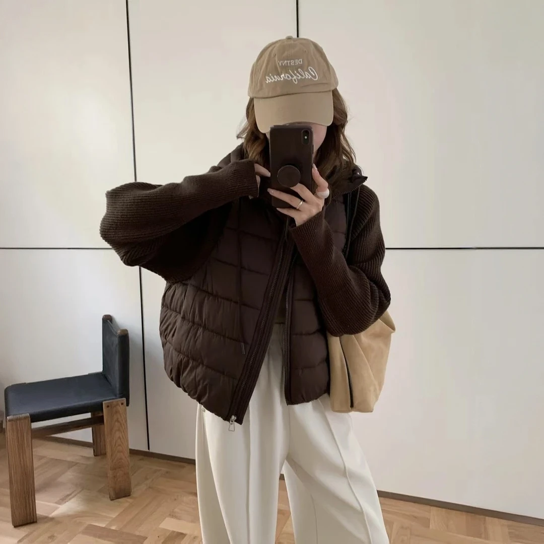 骆驼街秋冬新款纯色短款针织显瘦宽松拼接棉衣休闲连帽长袖棉服