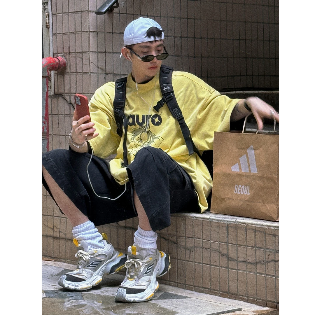 Aurocean 奶痞日漫少年丧脸T恤 炒色做旧奶黄色重磅纯棉大版短袖