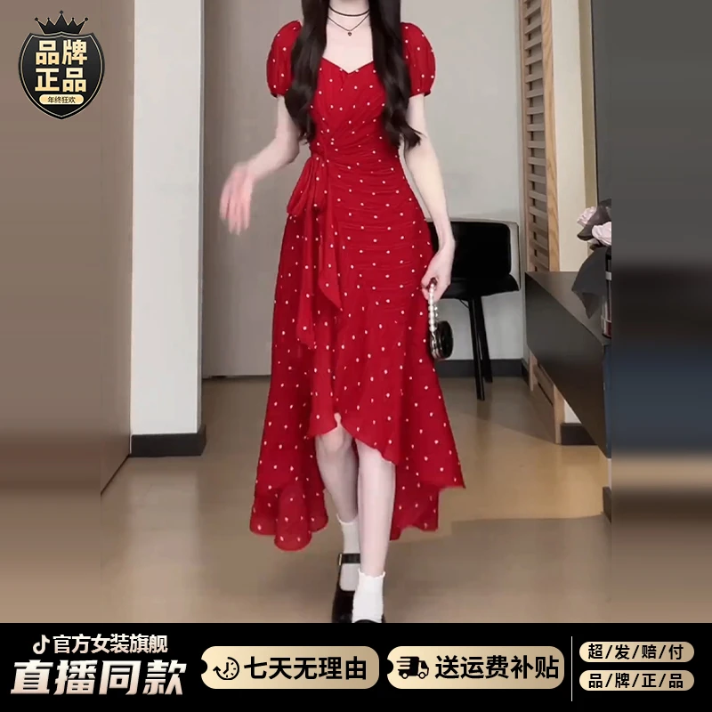 红色连衣裙子女夏季2025新款今年流行爆款巨好看小众漂亮掐腰长裙