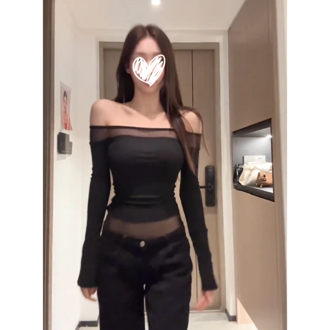 2025秋冬新款美式复古一字肩露肩长袖T恤修身显瘦纯欲辣妹女上衣