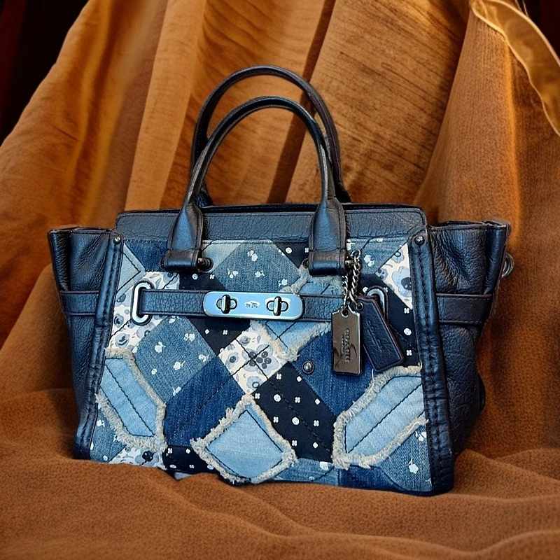 95新 COACH/蔻驰 丹宁拼黑皮手提包  1235 5735