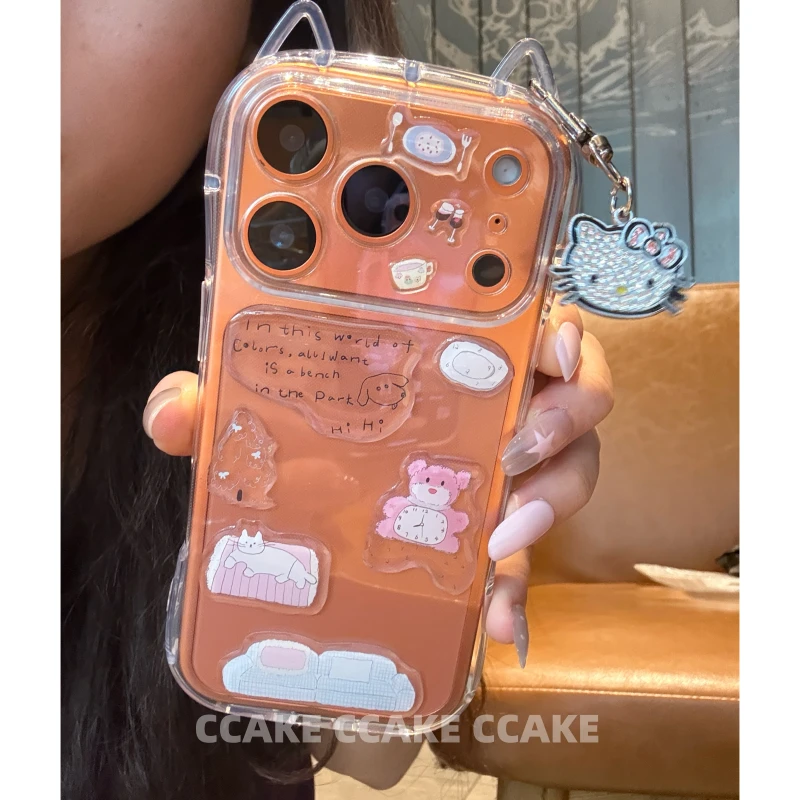 可爱猫耳朵适用于17promax/16手机壳15plus创意diy小熊贴纸14pro