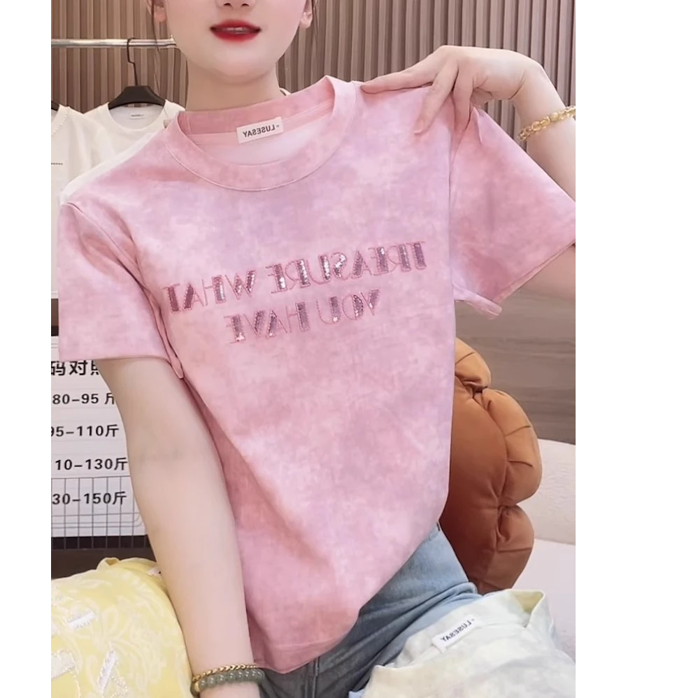 粉色正肩短袖T恤女2025夏新款韩版宽松体恤上衣重工减龄小众小衫