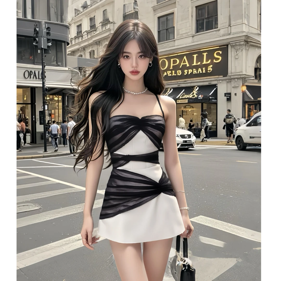 性感辣妹吊带A字裙纯欲新款拼接网纱小众设计感夏季时尚甜美法式