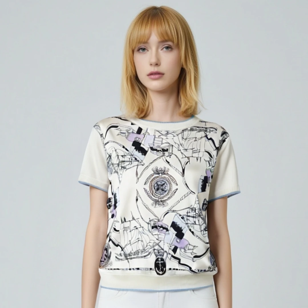 “扬帆远航”桑蚕丝印花上衣欧货针织重工拼接大牌短袖套头衫夏季