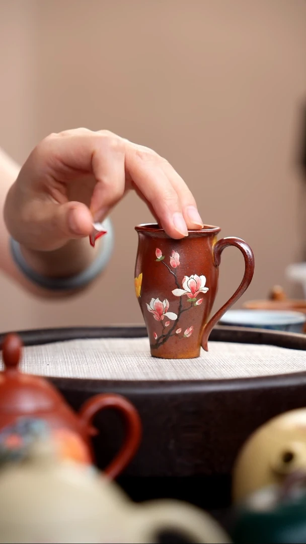 茶壶紫砂柴烧宝瓶手把杯桃花