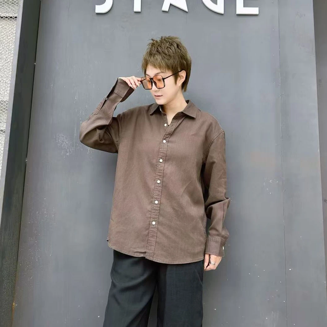 秋季新款男士亚麻色织长袖翻领衬衫商务休闲纯色百搭通勤透气上衣