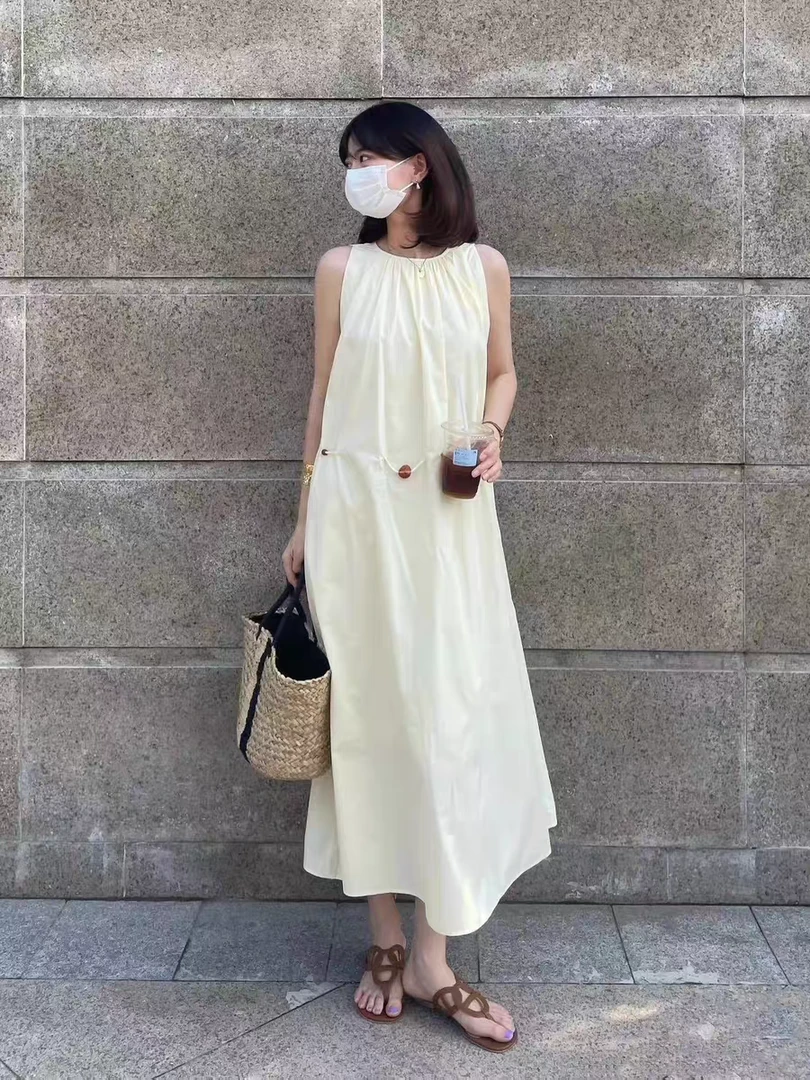 气质连衣裙女夏季新款腰绳设计高级感圆领显瘦背心裙23598