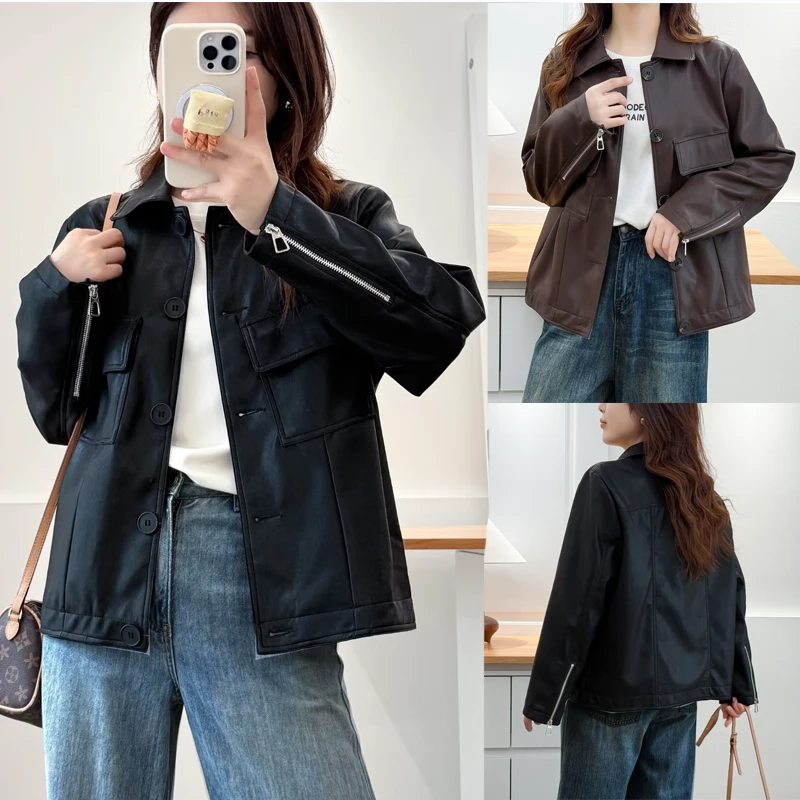 大码女装秋季PU翻领夹克韩版上衣网红纽扣显瘦长袖时尚短外套6216
