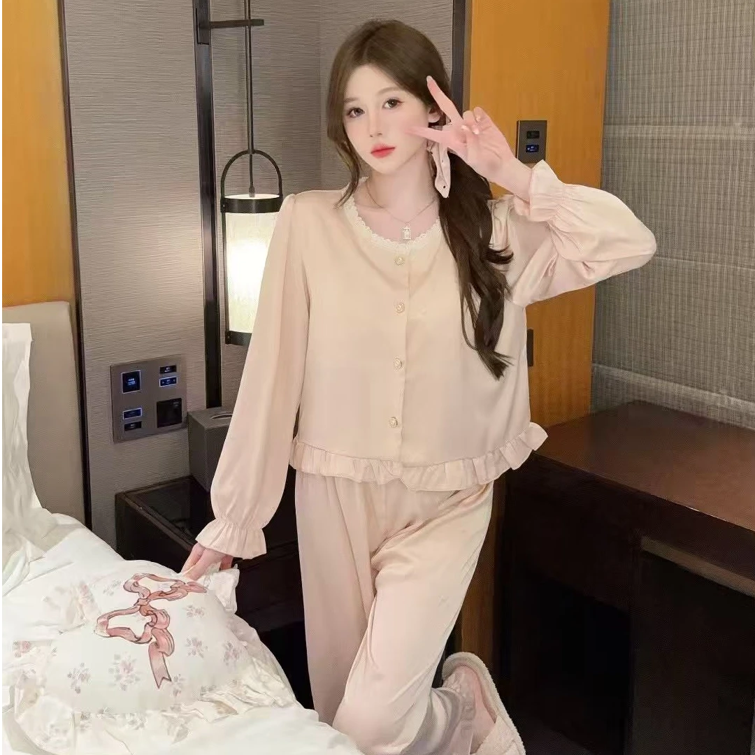 秋季冰丝长袖睡衣女花边圆领喇叭袖口高级感甜美风家居服