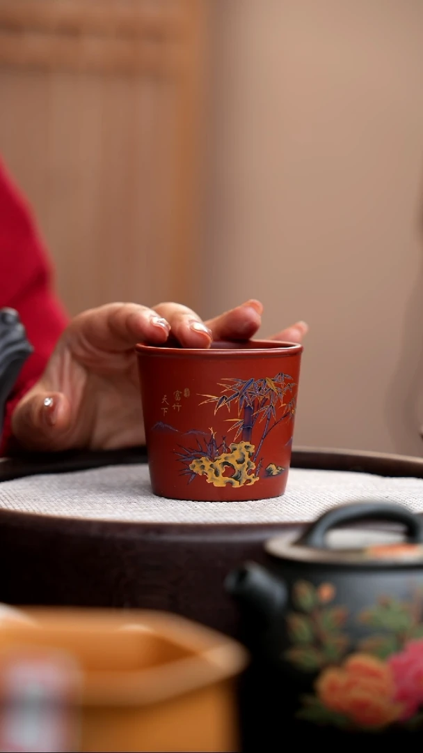 【闪购商品】紫砂茶壶朱泥直口杯富竹