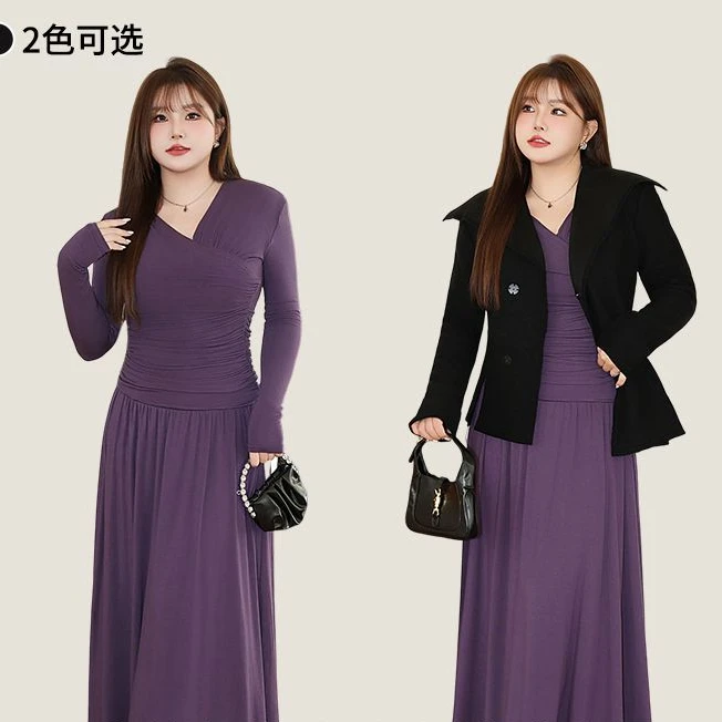 仟艺 【温柔美学】立裁V领雕塑褶皱修身大码波斯紫法式长款连衣裙