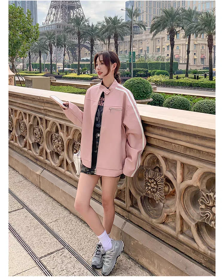 (W88)潮牌三条杠软皮小立领机车风皮衣外套（A6-1）