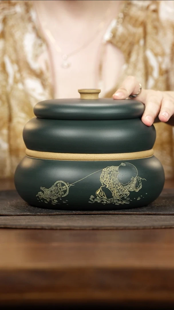 紫砂茶叶罐葫芦罐墨绿童子