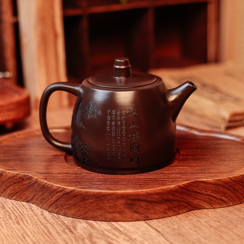 紫砂茶具手工刻绘仙山楼阁凤鸣汉铎壶紫泥创意山水复古功夫茶具