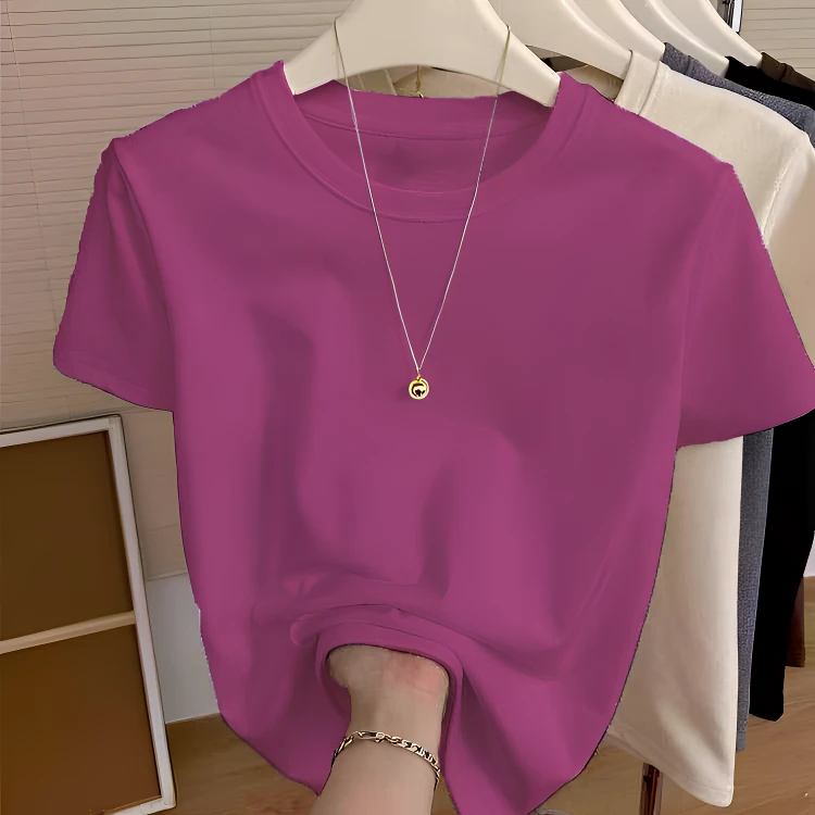 小圆领上衣修身正肩短袖T恤女士春夏打底衫纯色西装内搭螺纹体恤
