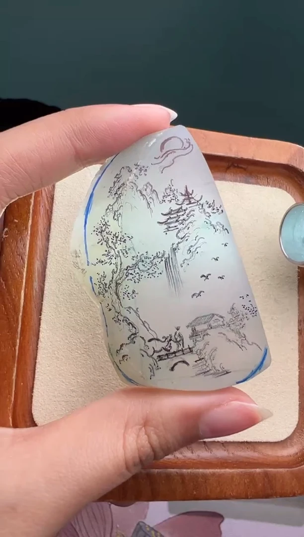 未镶嵌定制翡翠正冰雪花棉山水牌