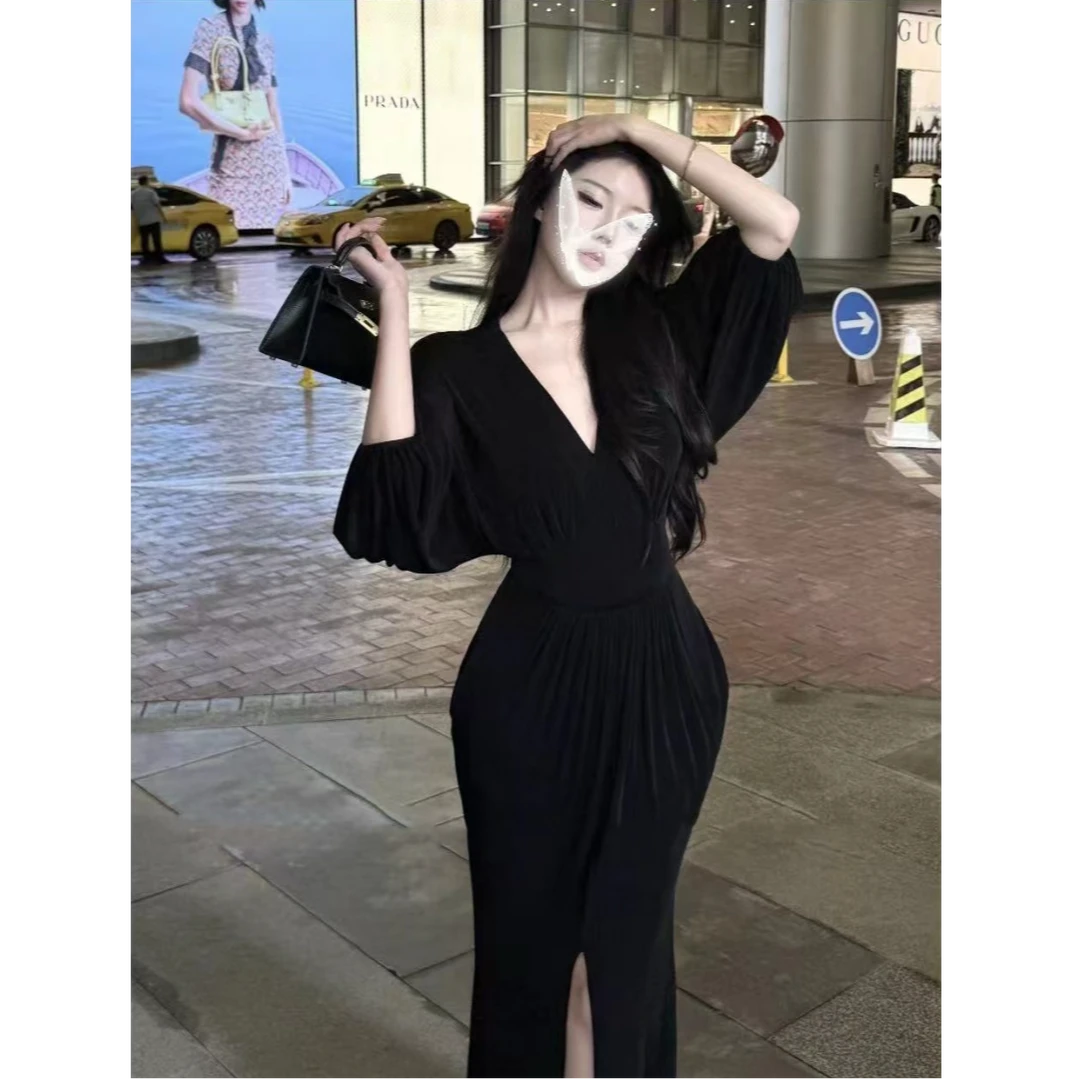 美蟹的店自制 御姐顶流/V领蓬蓬袖腰褶褶开叉高弹网纱连衣裙