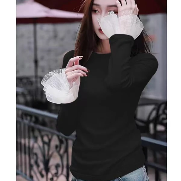 欧货2024秋冬新款设计感小众拼接蕾丝加绒加厚羊绒T恤女洋气上衣