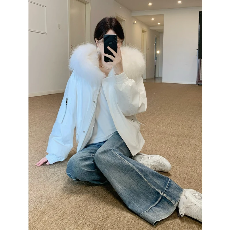 白色短款羽绒服女2025年冬季新款高级感90白鸭绒大毛领加厚派克服