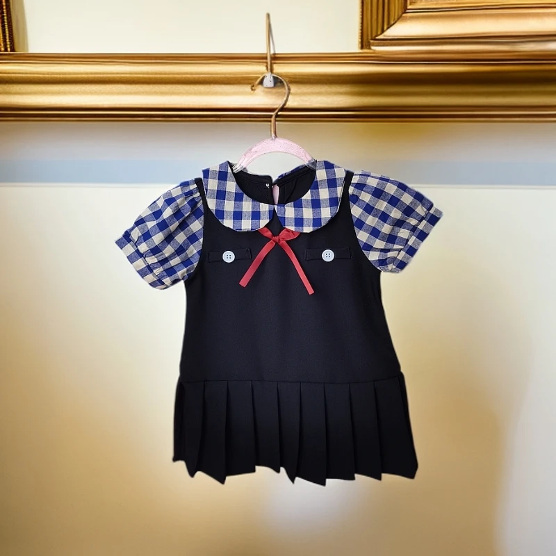 学院风！女童假两件套夏季短袖连衣裙女宝韩版娃娃款洋气格子裙