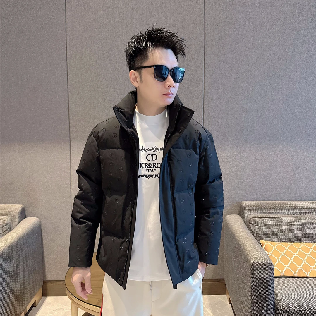 2025男士字母烫钻加厚羽绒服时尚潮立领宽松帅气潮流休闲潮牌外套