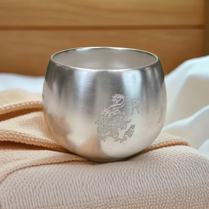 TC复古龙纹杯手工银杯子鎏银扳指杯银杯家用喝茶杯主人杯茶具纯银