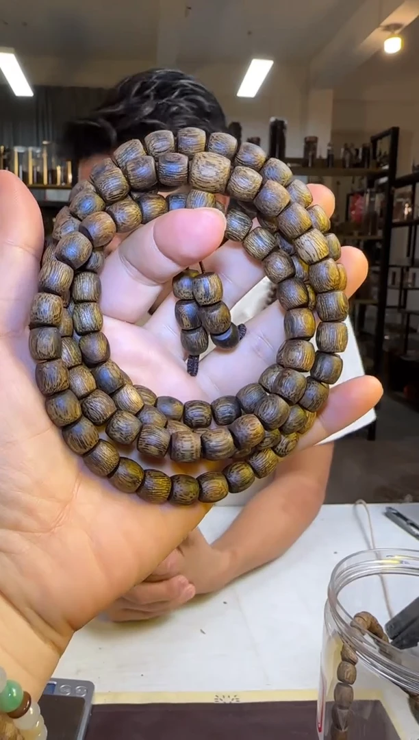 沉香手串沉水浮国香绿棋沉香张勺子手工直纹鼓珠长串8mm108颗41g