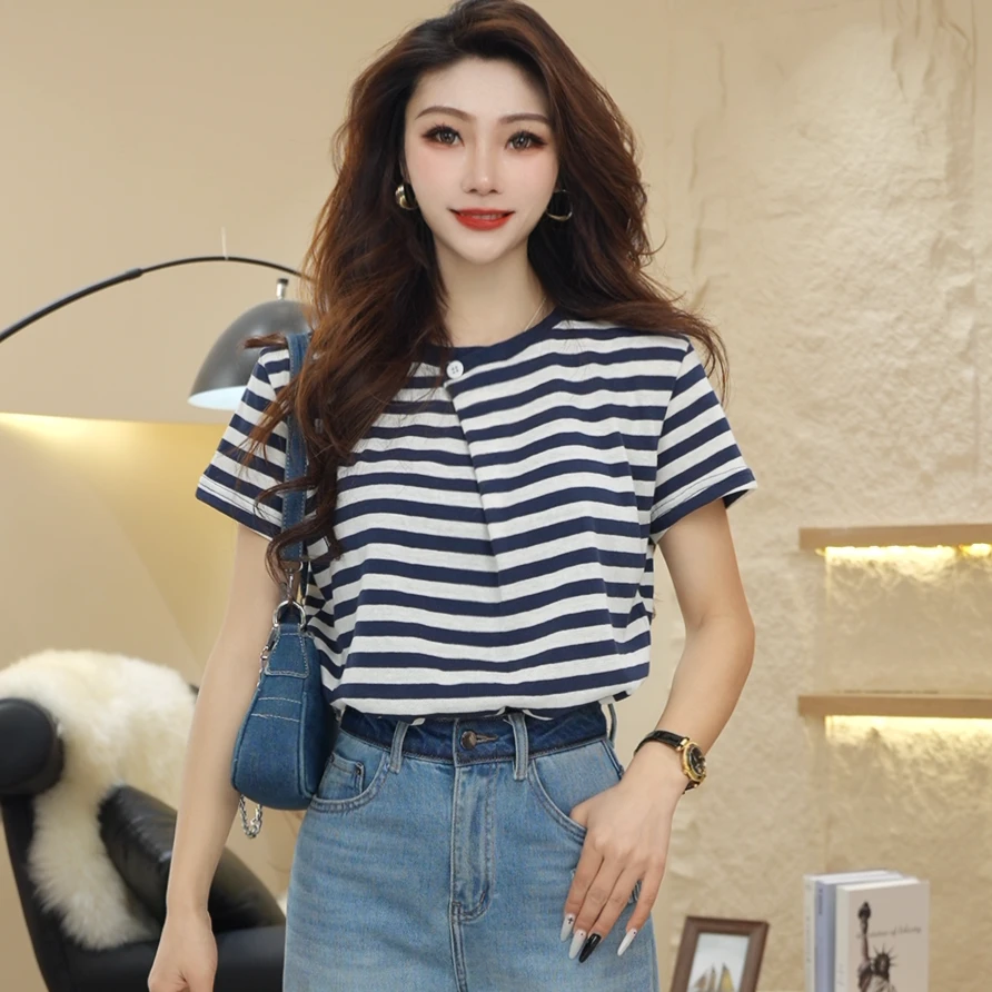 2025年春季韩系学院风上衣日常穿搭简约条纹短袖T恤H302