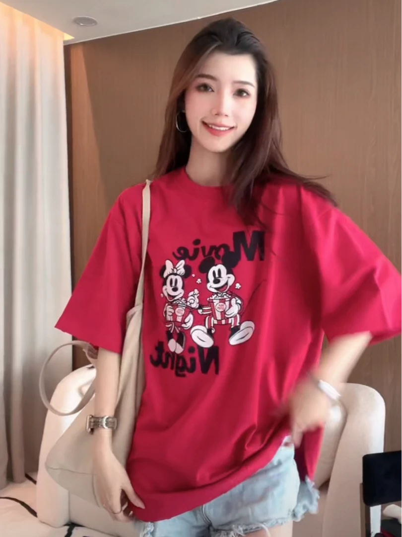 2025卡通米奇印花百搭休闲短袖T恤宽松洋气中长款纯棉8870