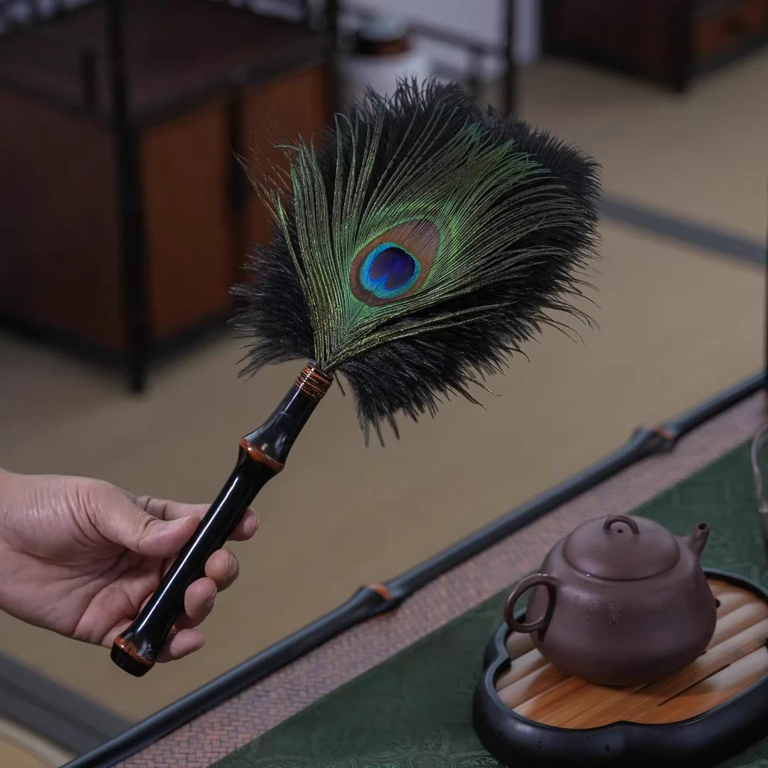筇竹天然双面孔雀拂尘鸵鸟毛除尘掸茶室桌面沙发清洁静电吸尘摆件
