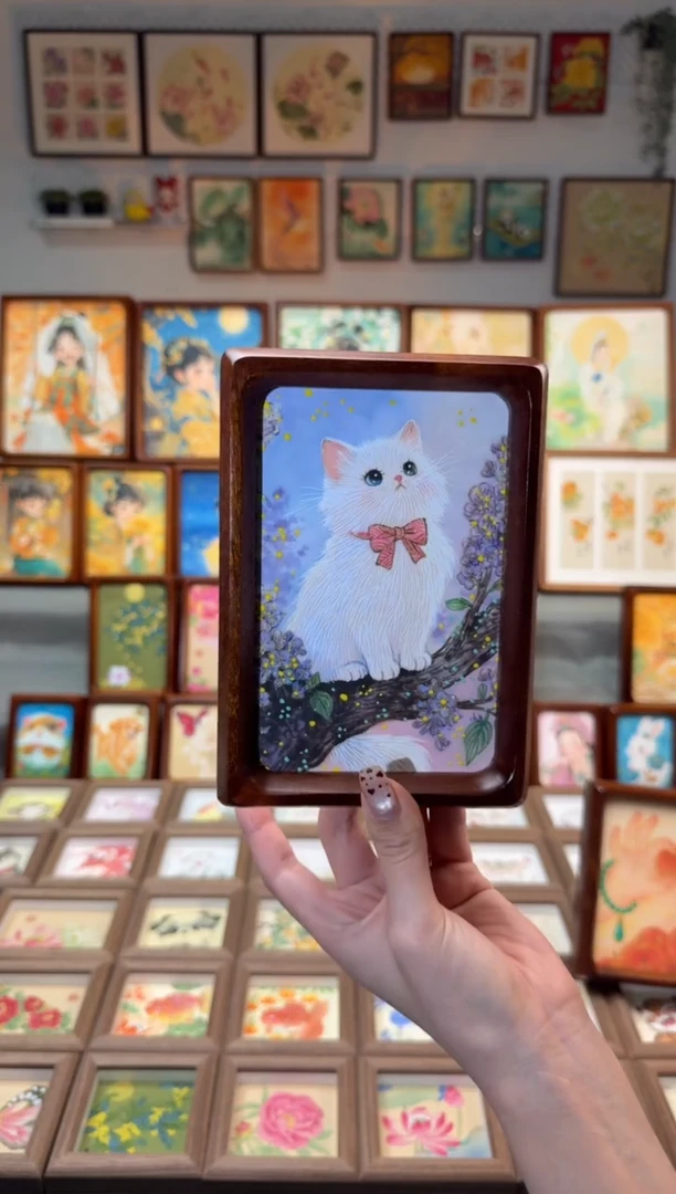 国画紫藤花小白猫咪 手绘国画6