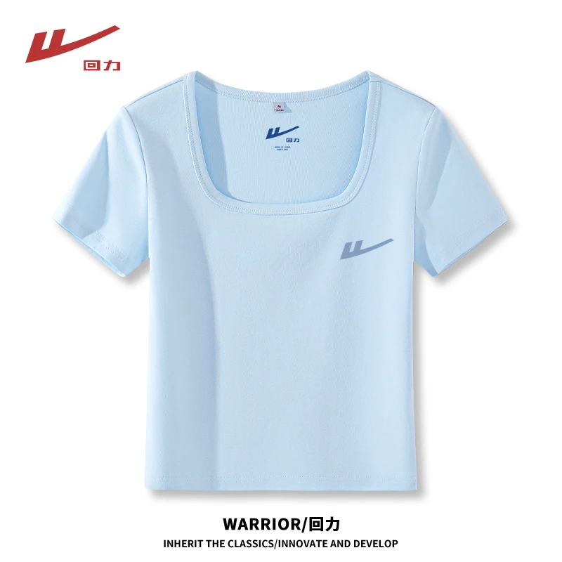 回力正肩方领短袖T恤女夏季新款小个子短款U领蓝色上衣