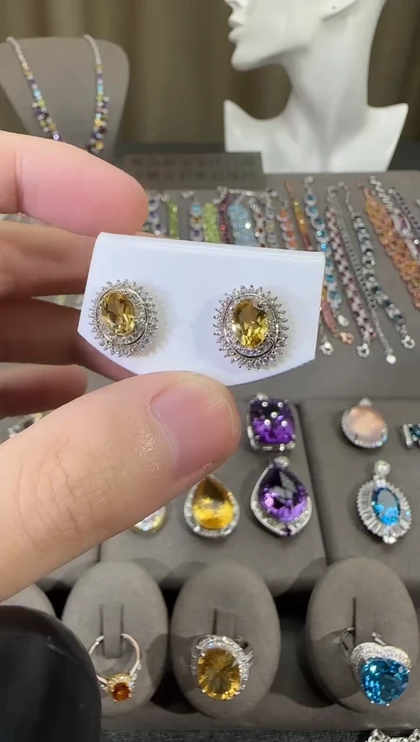 银S925镶嵌耳饰黄晶11*13mm耳钉设计款