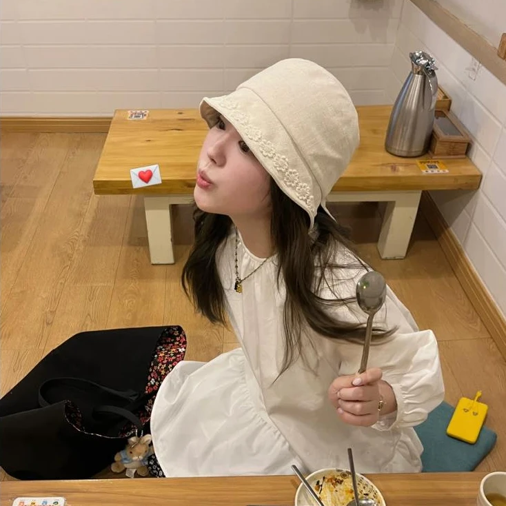 出口韩国ins风蕾丝刺绣小花朵亚麻后开叉渔夫帽女春夏遮阳盆帽子