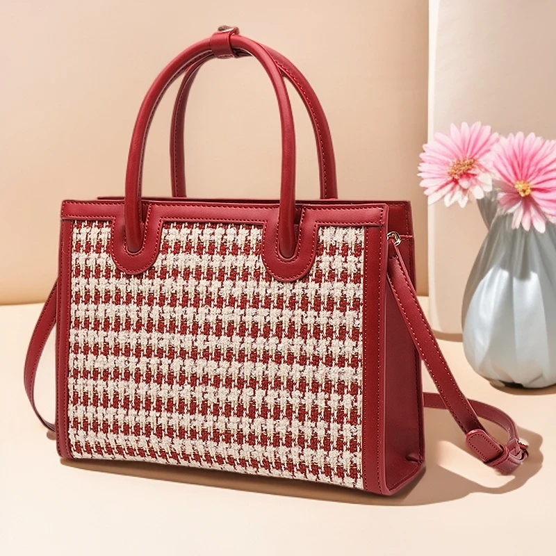 千鸟格红色包包女结婚包2024新款斜挎手提包高级感大容量新娘婚包