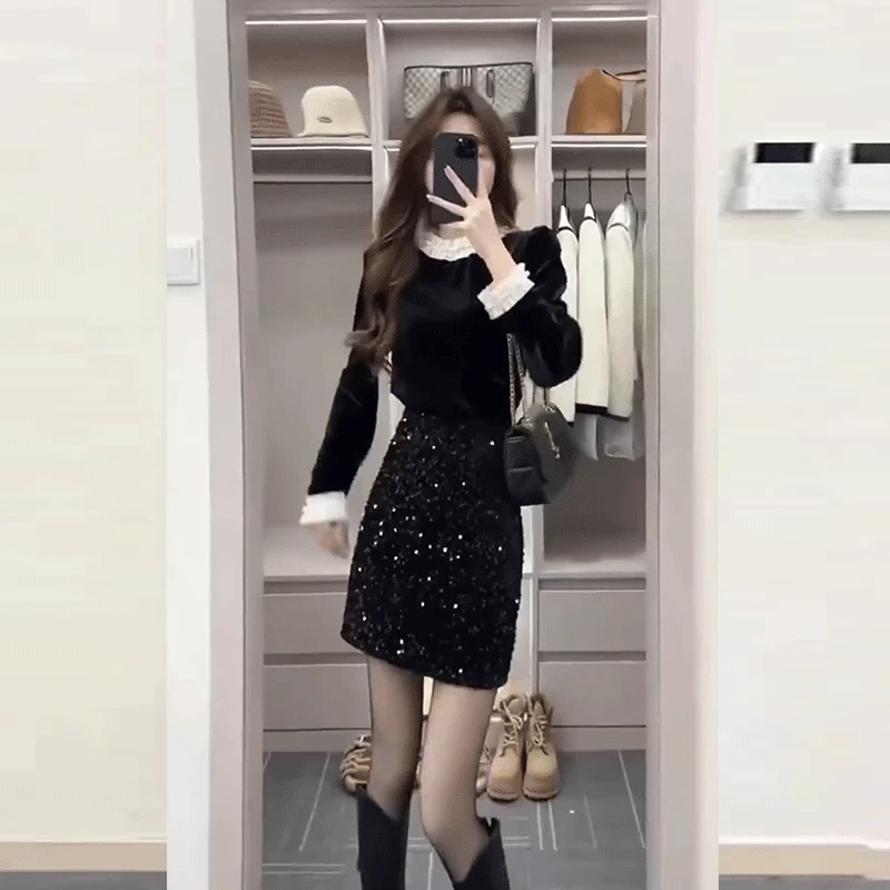半身裙流行短裙半身裙2025丝绒a字裙包臀裙黑色亮片裙短裙亮晶晶